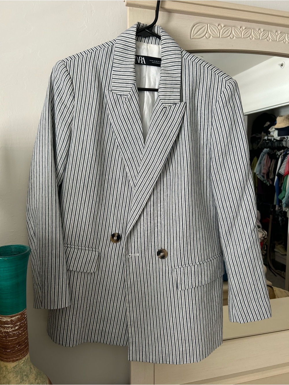 Zara White Blazer with Navy Pinstripes